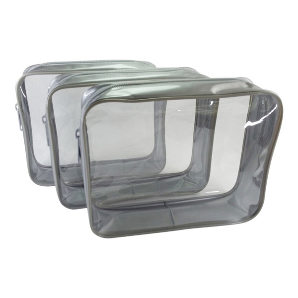 3-Pack Clear Vinyl Cosmetic Bag-Silver