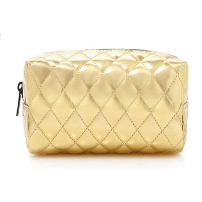 Quilted Faux Leather Makeup Bag-Gold