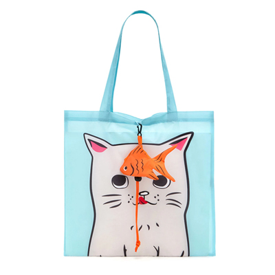Cat Graphic Pop-Out Tote Bag-Blue