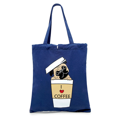 Coffee Pug Graphic Tote-Navy