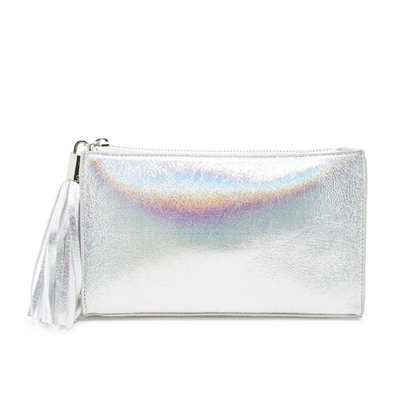 Iridescent Faux Leather Clutch-Silver