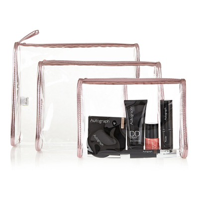 3 Piece Clear Cosmetic Bag Set-Gold
