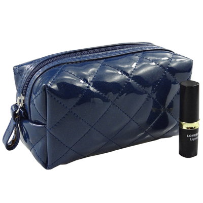 Blue Patent Leather Quilted Cosmetic Case