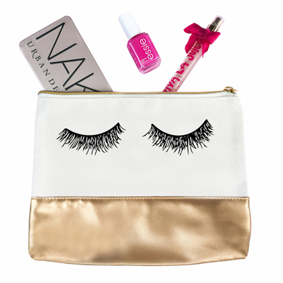 Eyelash Gold Canvas Makeup Bag-White